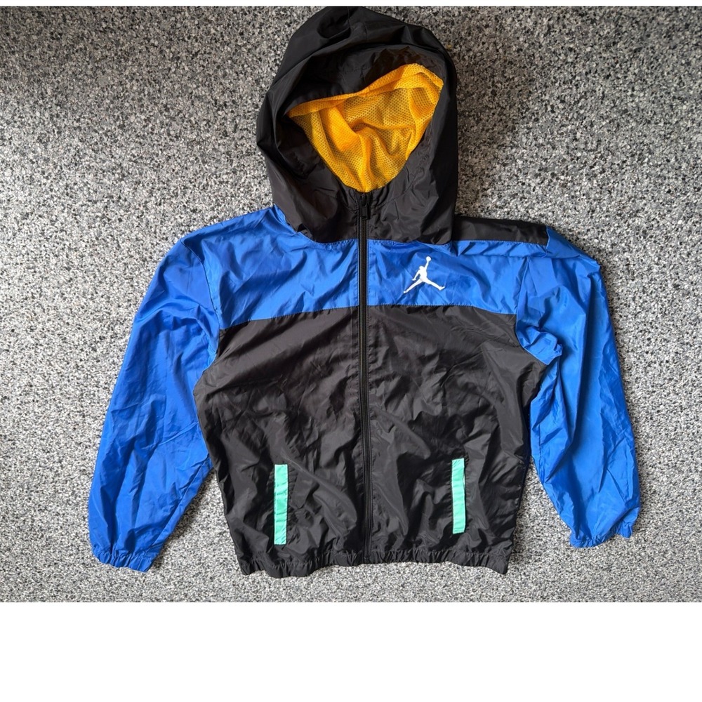 Jordan Boys XL Windbreaker Jacket Blue Yellow Black Full Zip Hooded A965-023